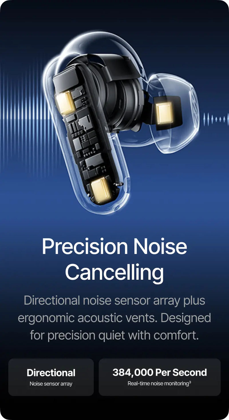 Wireless earbuds with noise cancellation technology on a dark blue background