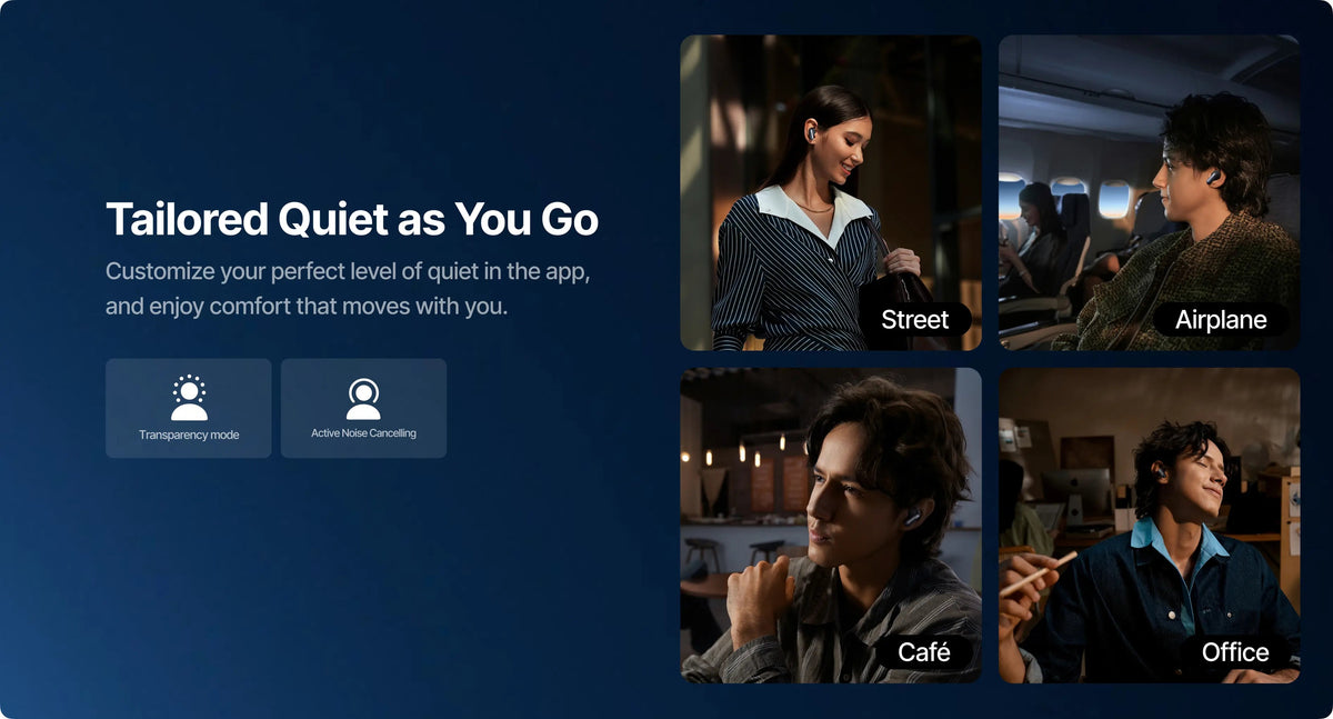 Advertisement for a quiet mode app with lifestyle images and text on a dark blue background.
