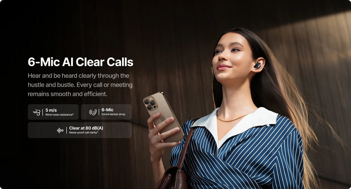 Woman using a smartphone with text about 6-Mic AI Clear Calls on a dark background