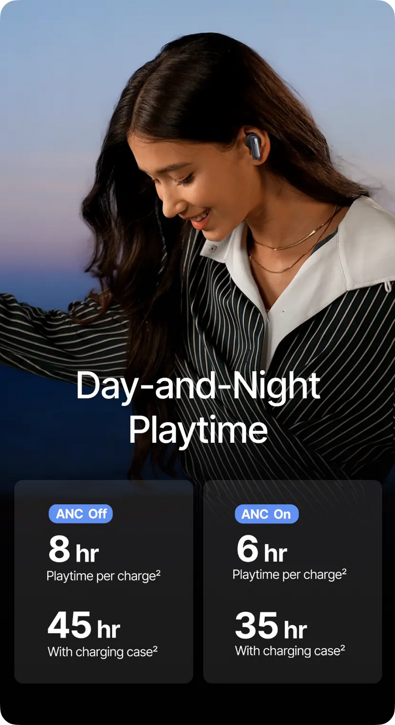 Woman using wireless earbuds with charging case display showing playtime statistics.