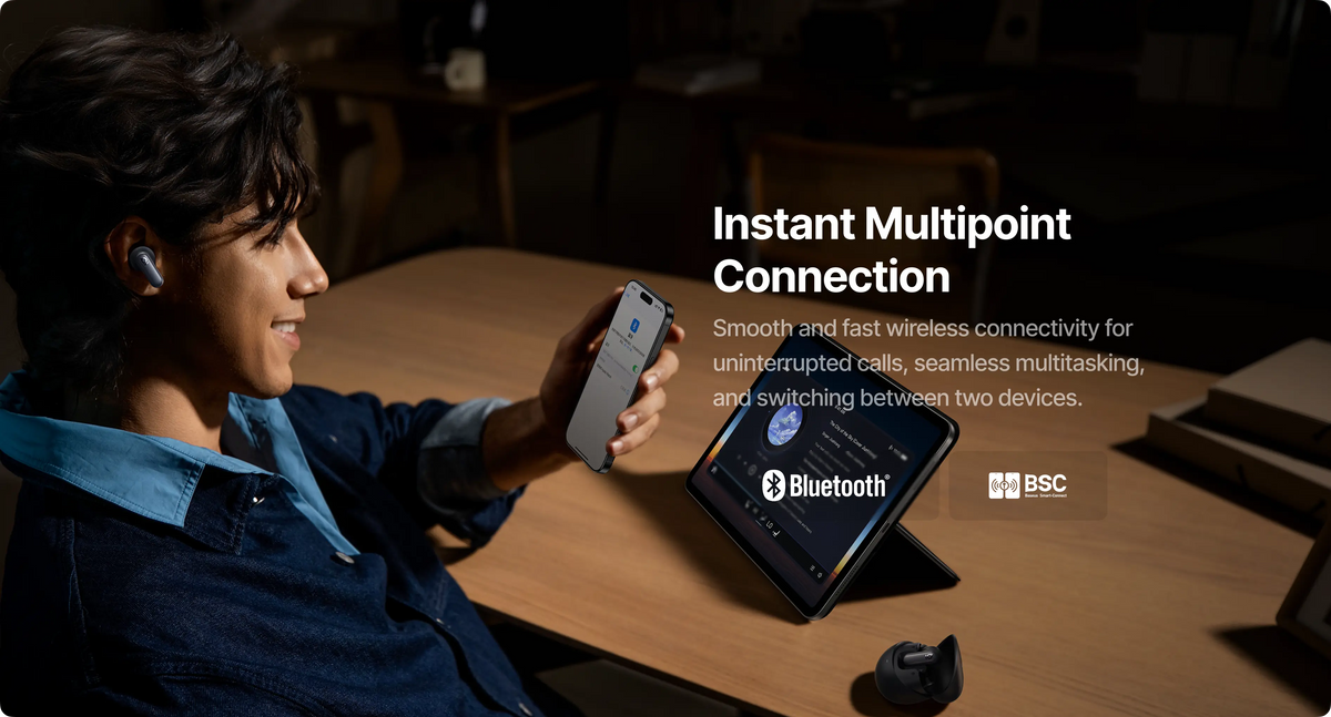 Person using a smartphone with text about instant multipoint connection