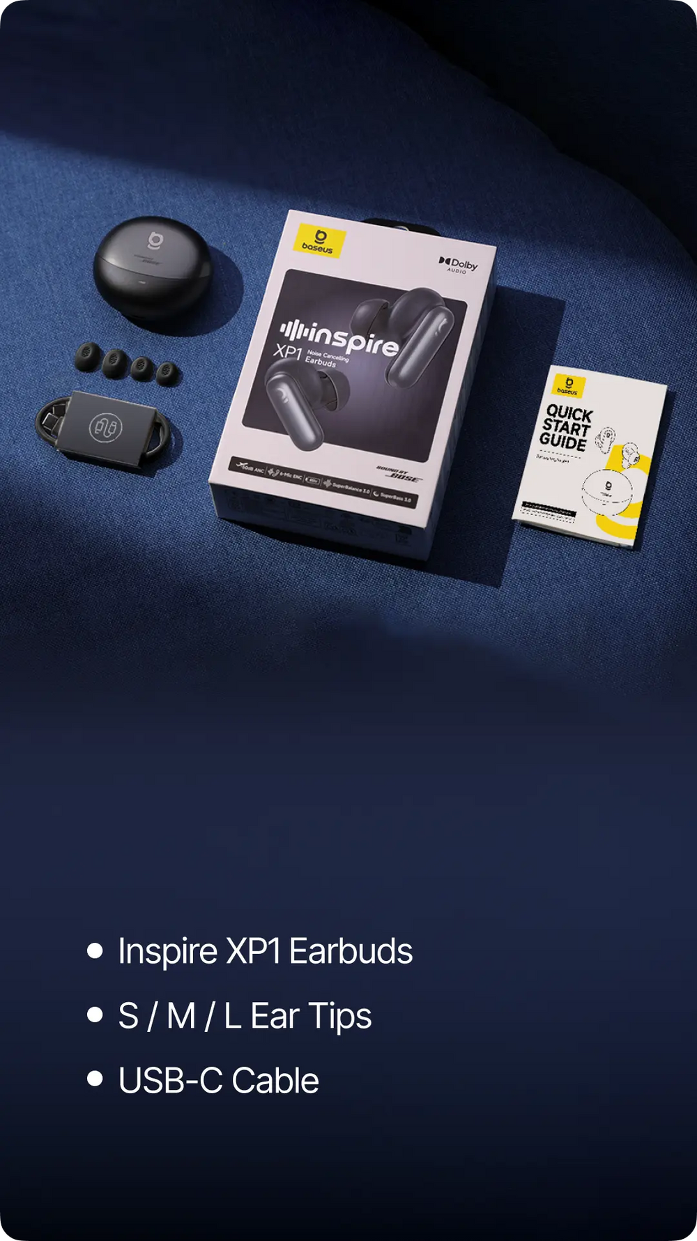 Inspire XP1 earbuds packaging with accessories on a blue background