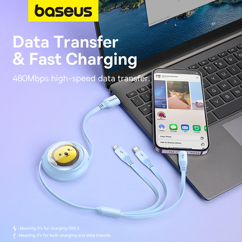 Baseus Leo Retractable Charging Cable 3-in-1 USB to M+L+C 3.5A Blue 12