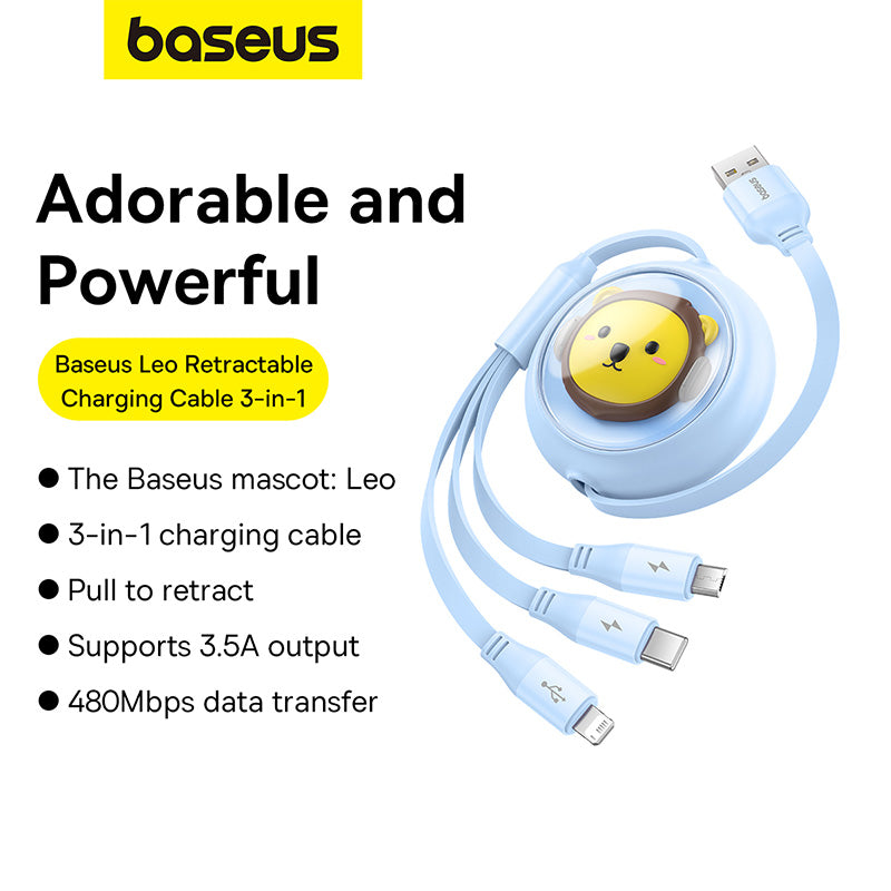 Baseus Leo Retractable Charging Cable 3-in-1 USB to M+L+C 3.5A Blue 14