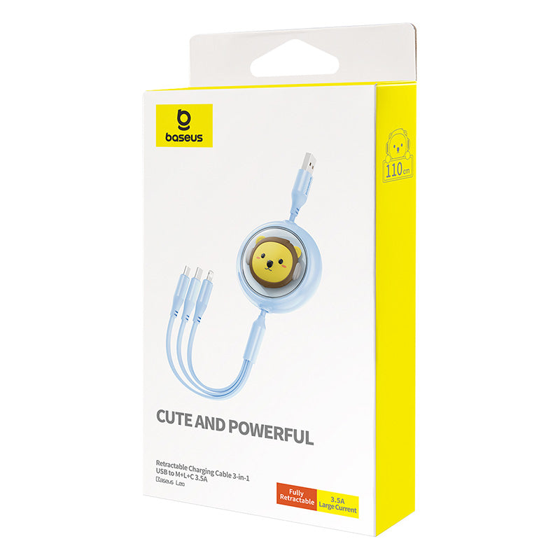Baseus Leo Retractable Charging Cable 3-in-1 USB to M+L+C 3.5A Blue 7
