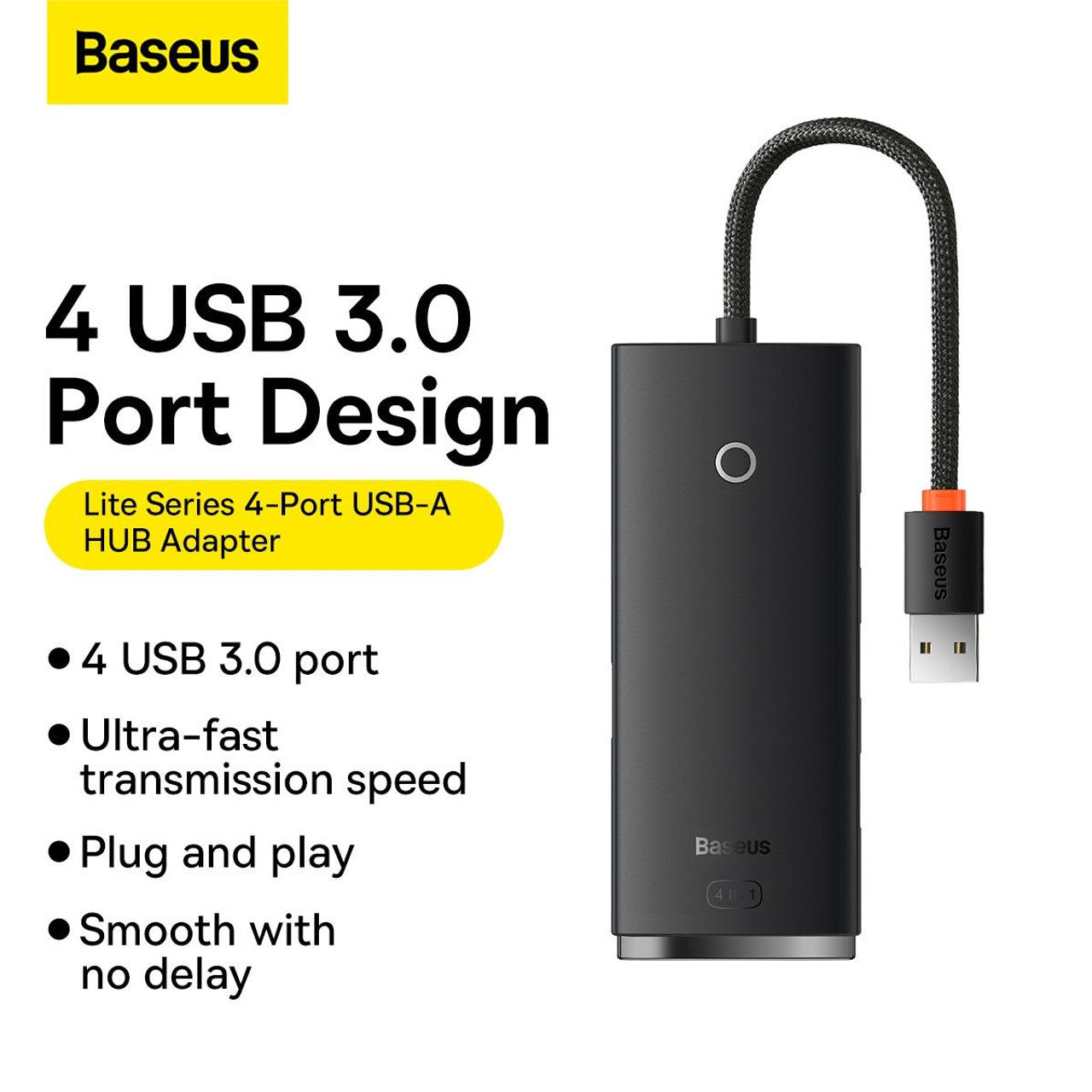 Baseus Lite Series 4-Port USB-A HUB Adapter (USB-A to USB-A 3.0 x4) - 25cm Black 3