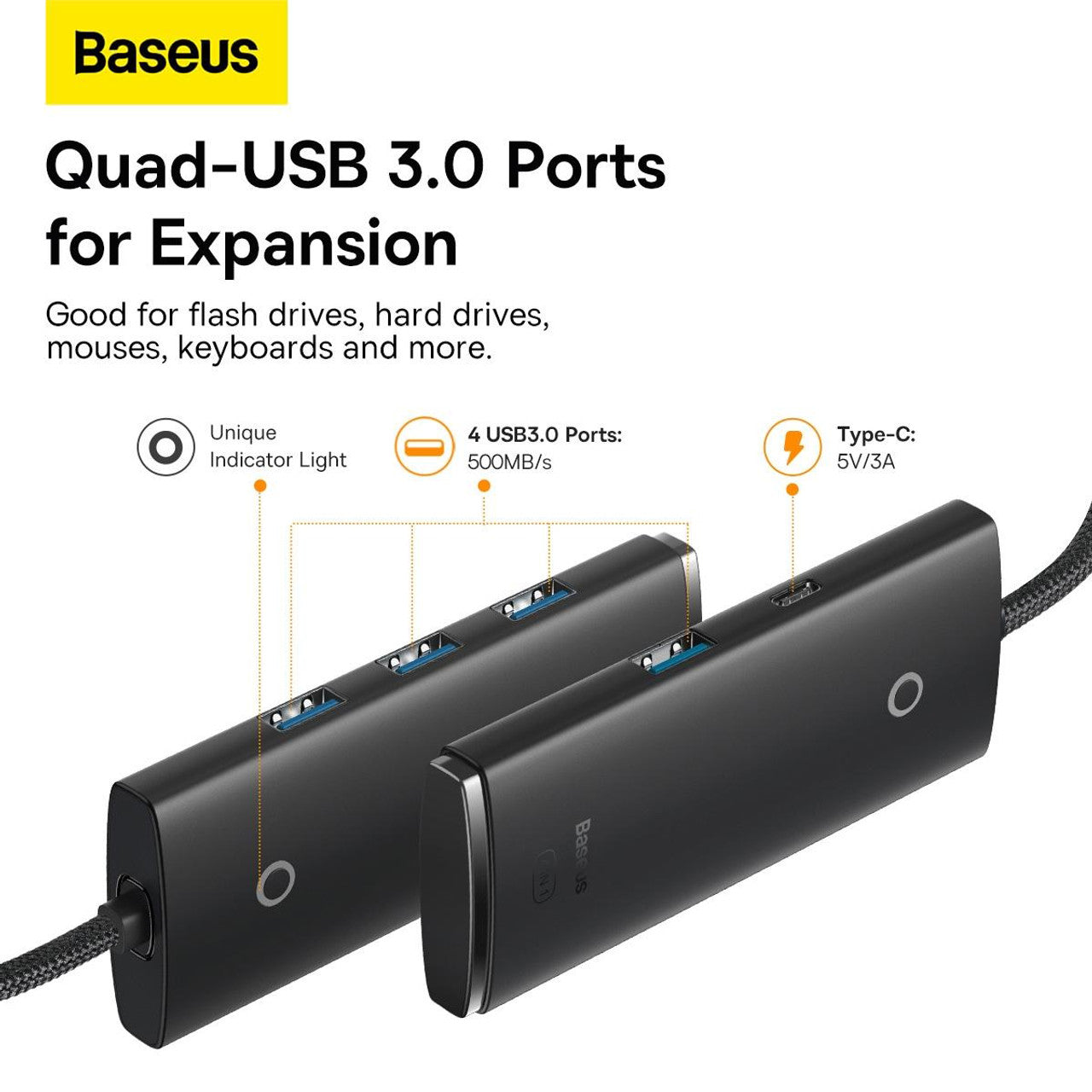 Baseus Lite Series 4-Port USB-A HUB Adapter (USB-A to USB-A 3.0 x4) - 25cm Black 4