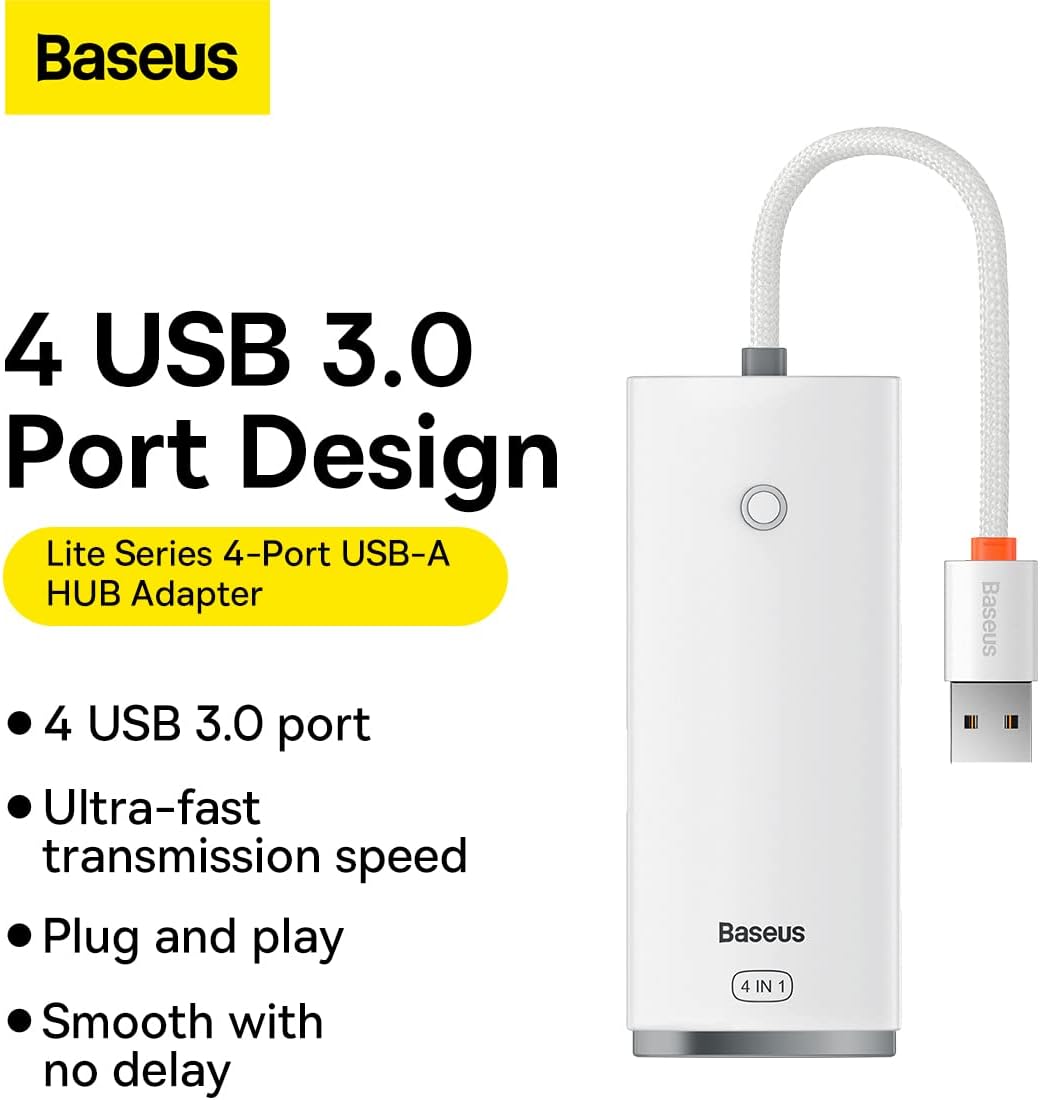 Baseus Lite Series 4-Port USB-A HUB Adapter (USB-A to USB-A 3.0 x4) - 25cm White 3