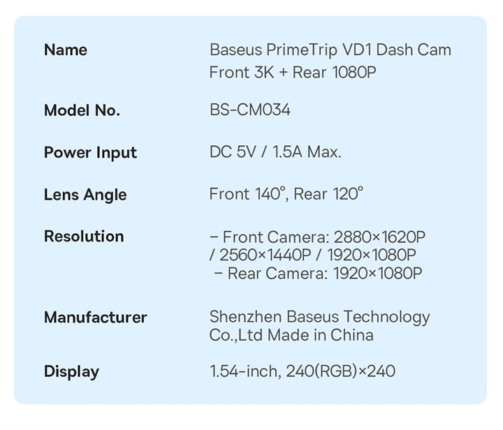 Baseus PrimeTrip VD1 Dash Cam 3K+1080p - Cosmic Black