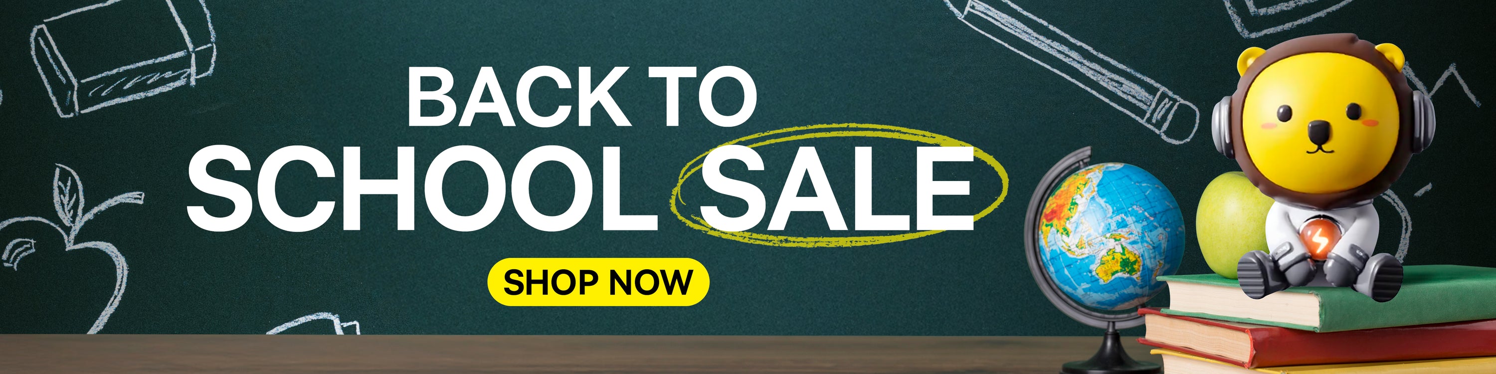Back to school sale banner with a teddy bear, books, and globe on a chalkboard background.