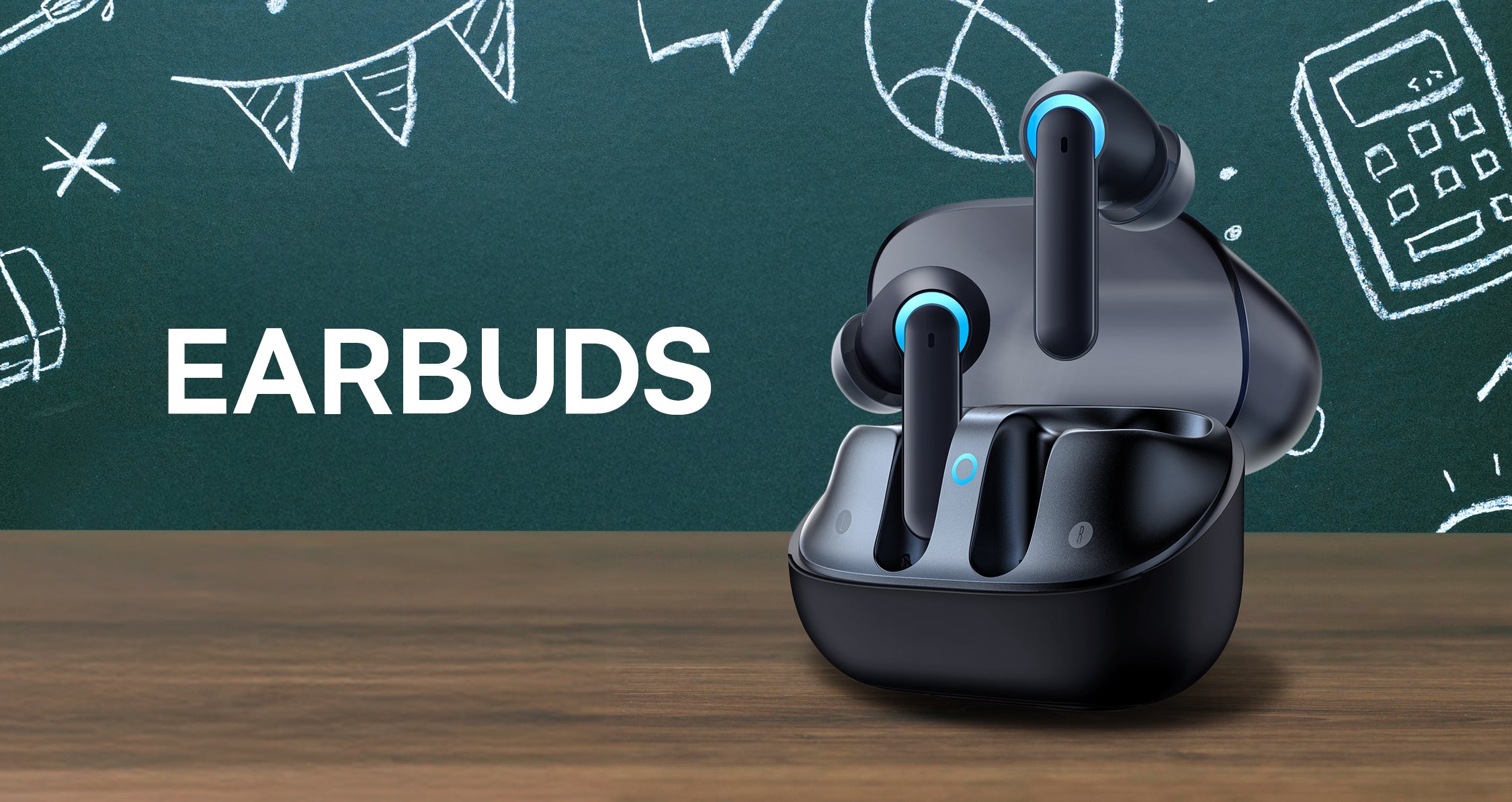 Black earbuds in a charging case on a wooden surface with 'Earbuds' text and doodles in the background.