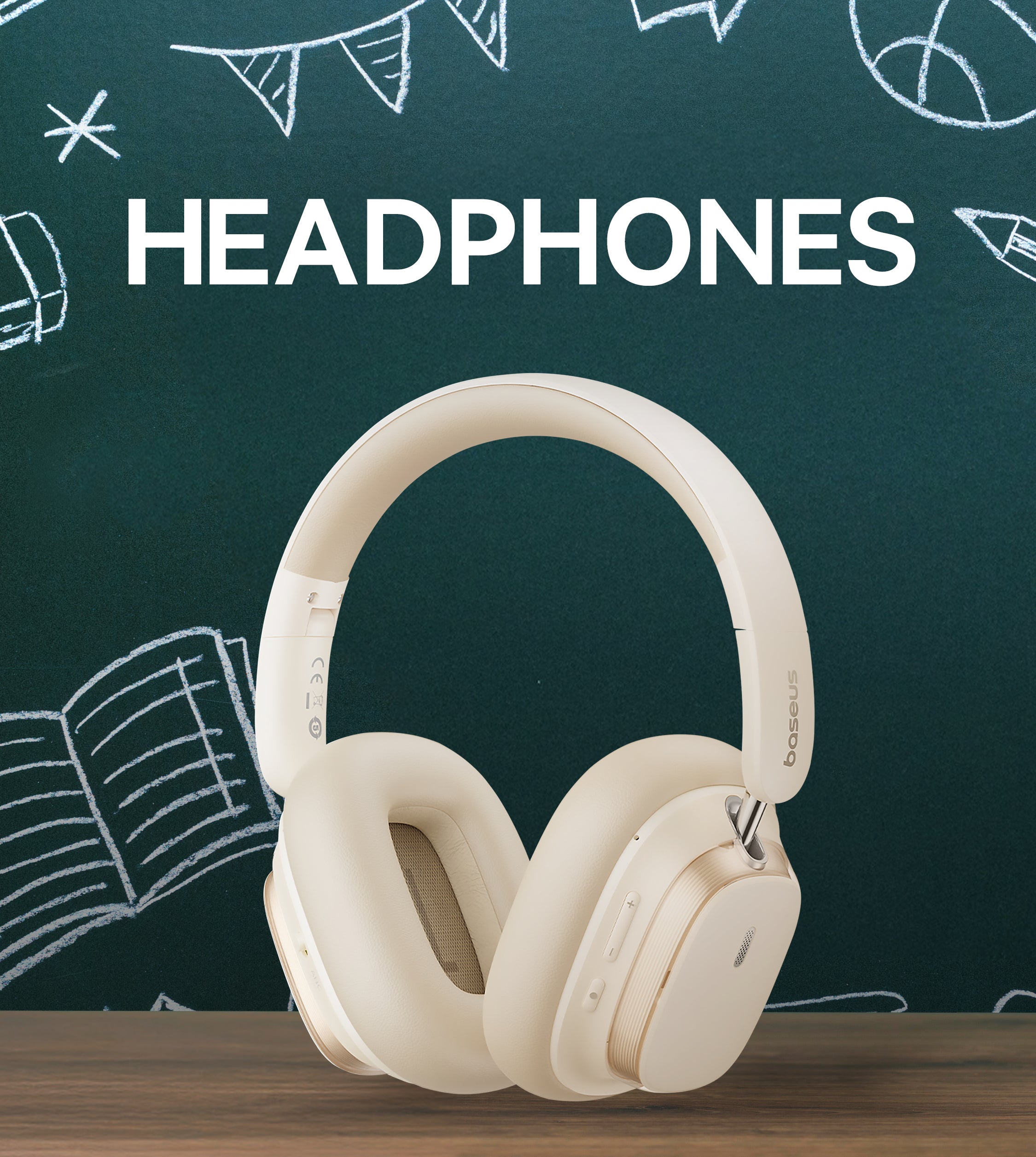 Beige headphones on a wooden surface with a chalkboard background featuring doodles and the word 'HEADPHONES'.