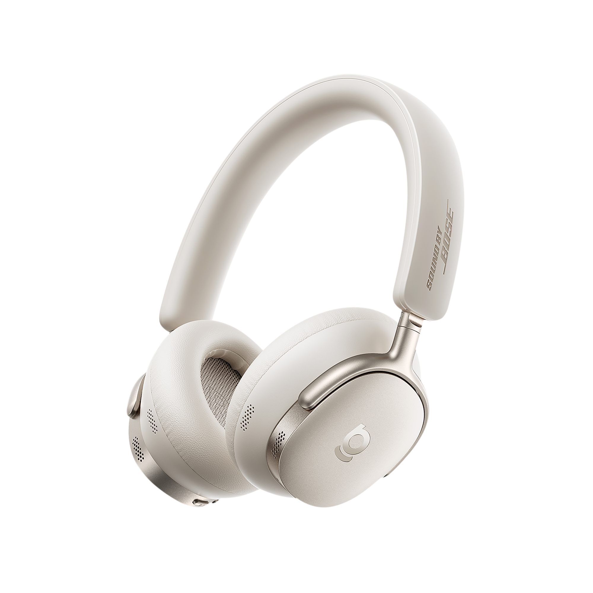 White headphones with brand logo on a white background