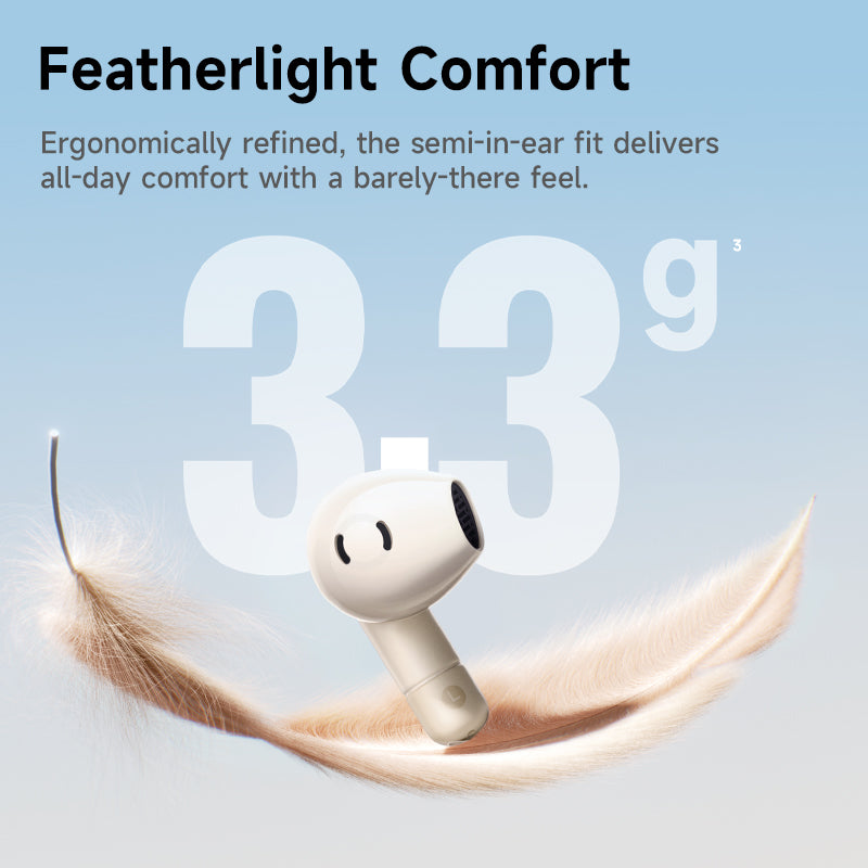 White earbud with feather and text about comfort and weight on a light blue background