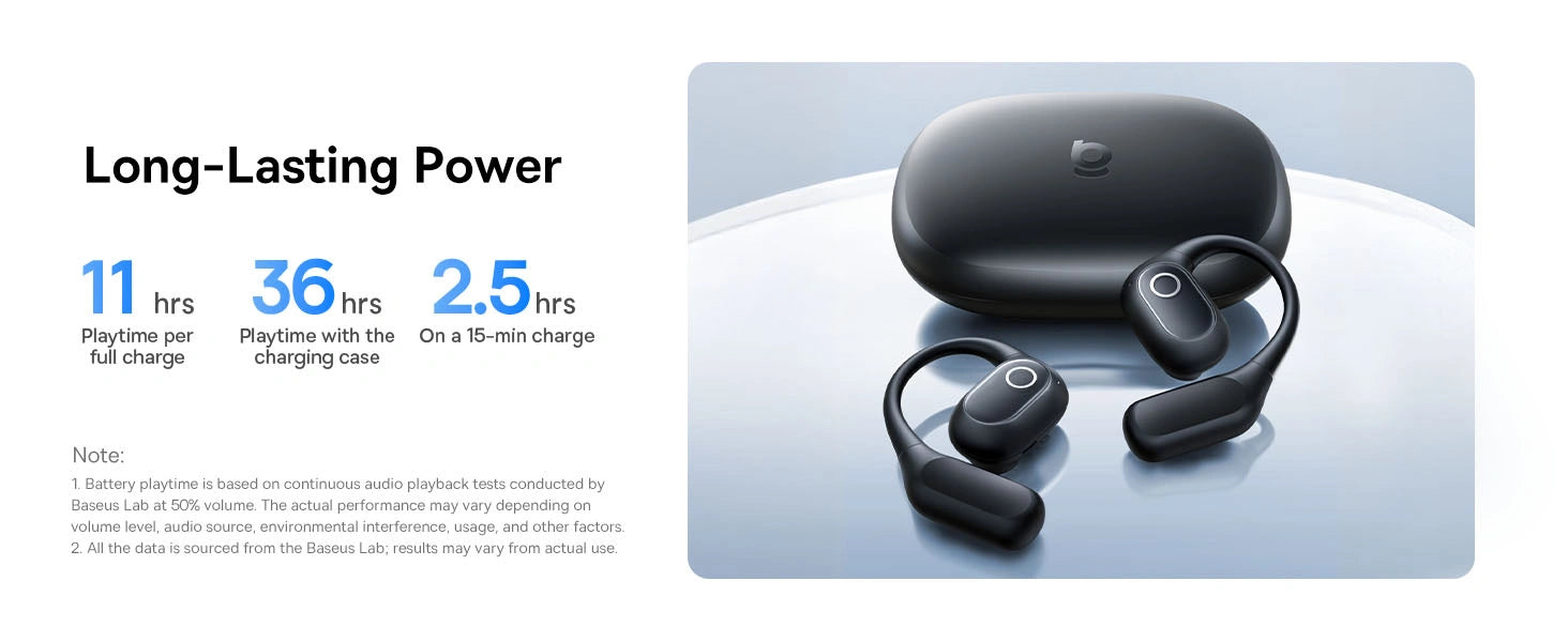 Baseus Eli 2i Fit Open-Ear True Wireless Earbuds long lasting power