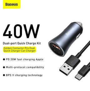 Baseus Golden Contactor Pro 40W Dual Fast Car Charger & Cable