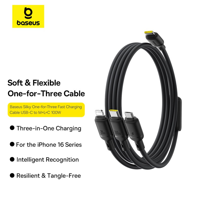 Baseus soft and flexible one-for-three charging cable on a white background