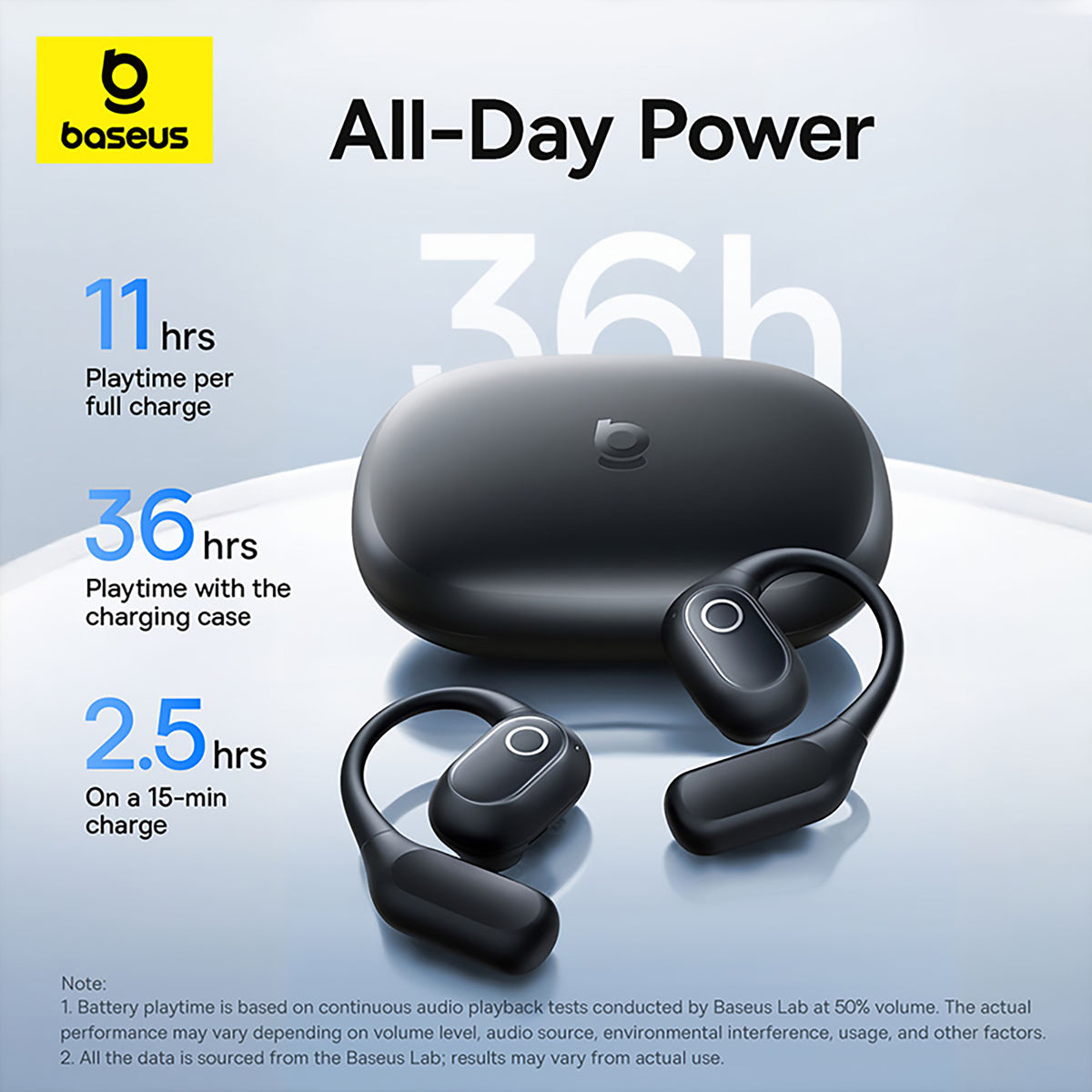 Baseus wireless earbuds with charging case on a light blue background, displaying battery life information.