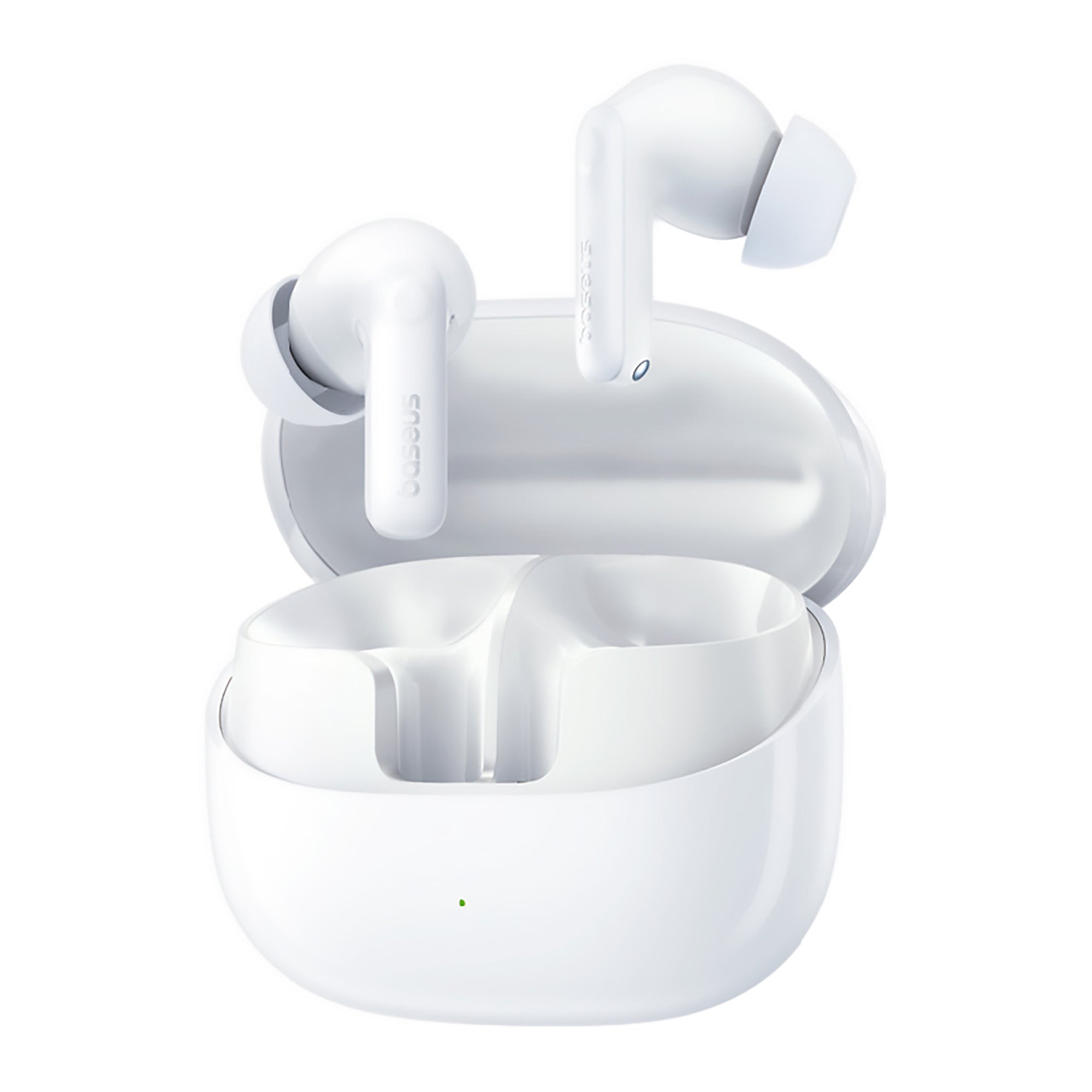 White wireless earbuds with charging case on a white background