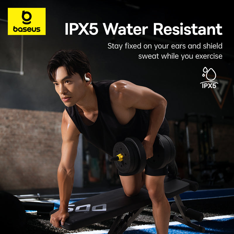 A man in a gym wearing a white Baseus IPX5 water-resistant earbud while doing a bent-over barbell exercise. The image features promotional text 'IPX5 Water Resistant' and the yellow Baseus logo in the top left corner.
