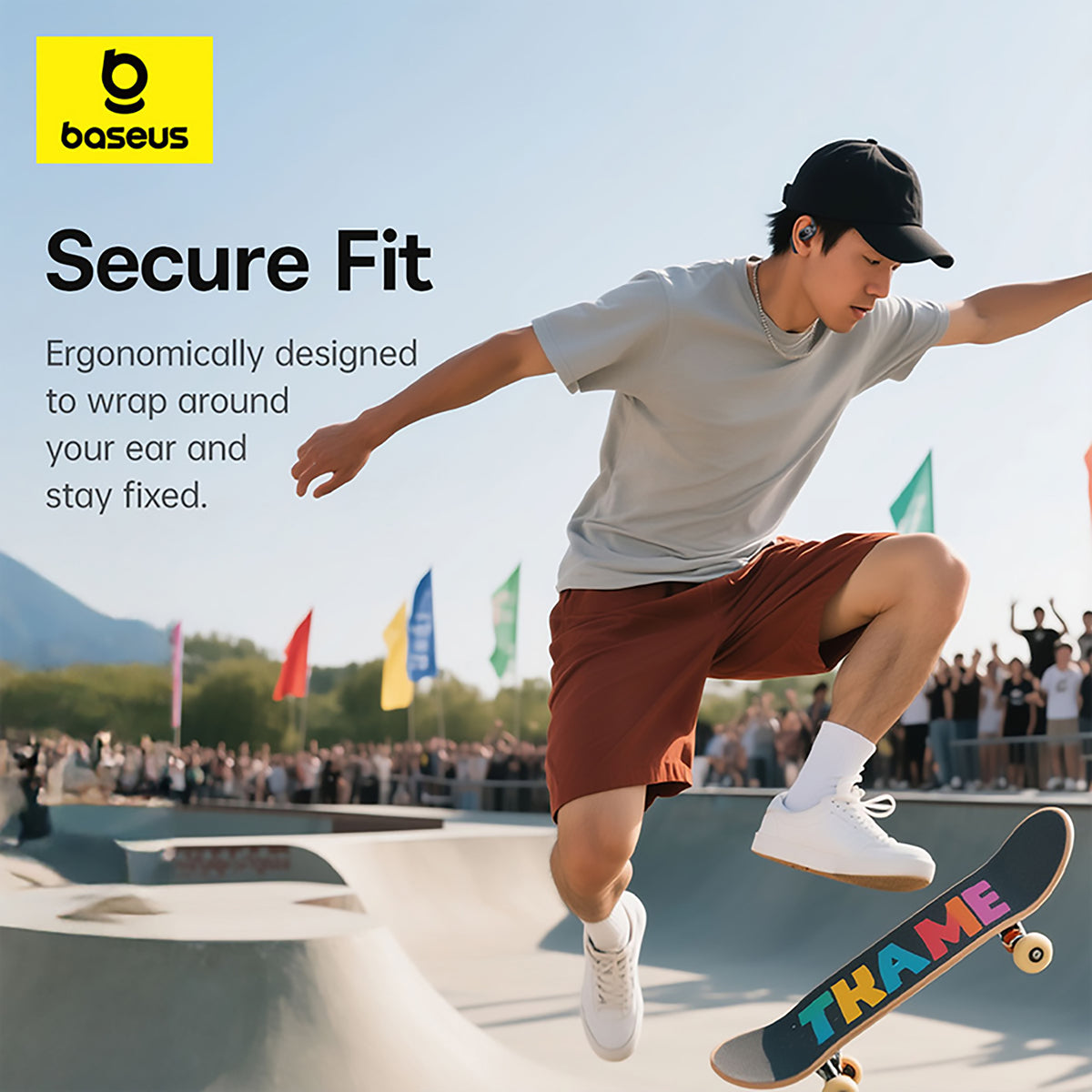 Person skateboarding with Baseus earbud advertisement text overlay