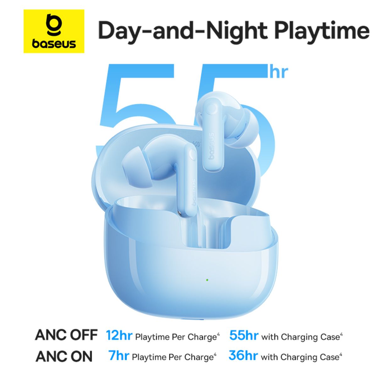 Baseus true wireless earbuds in a light blue open charging case on a white background, with text reading 'Day-and-Night Playtime', '55hr', and battery usage details for ANC off and on.