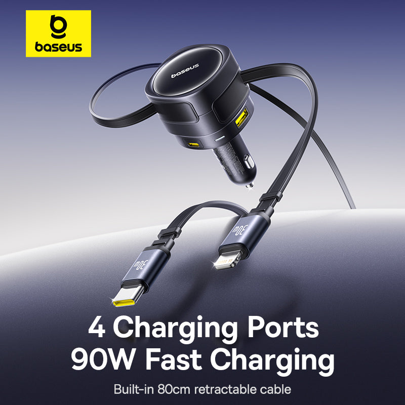 Baseus car charger with multiple ports on a gradient background