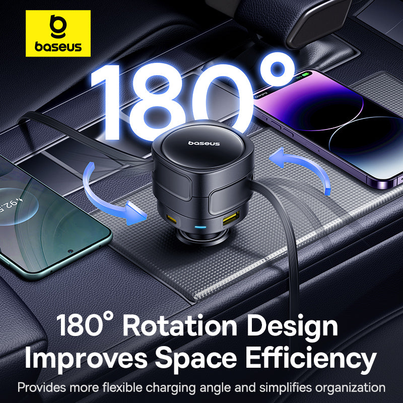 Baseus car charger with 180-degree rotation design on a car dashboard.