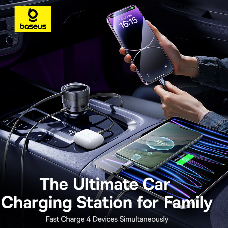 Car charging station with multiple devices being charged, including a smartphone and a pair of earbuds, with Baseus branding.