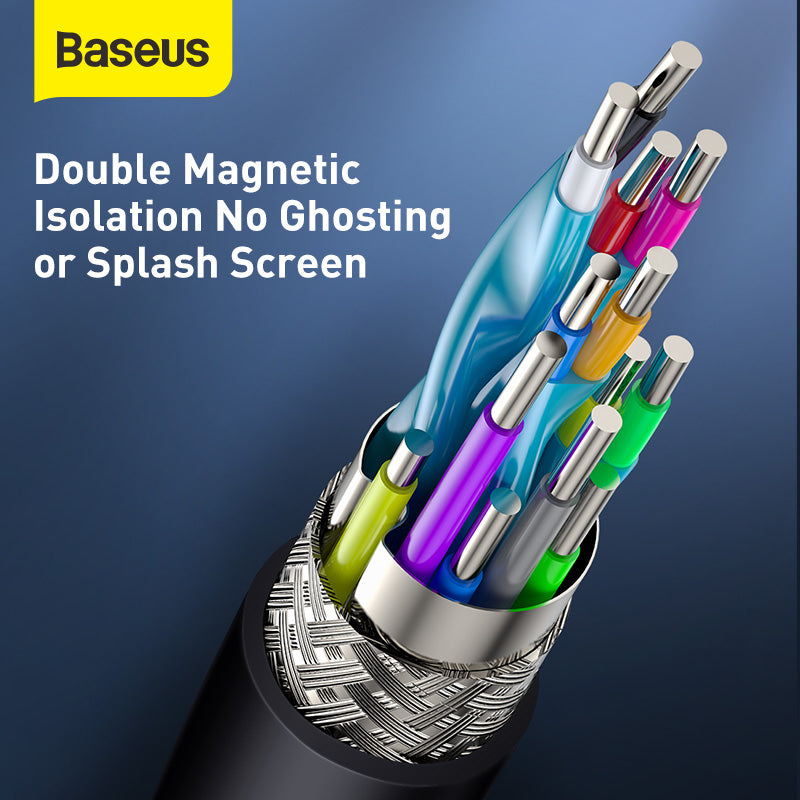 Cable with colorful conductors and Baseus branding on a blue background