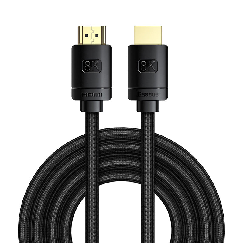 HDMI cable with 8K标注 on black connectors on a white background