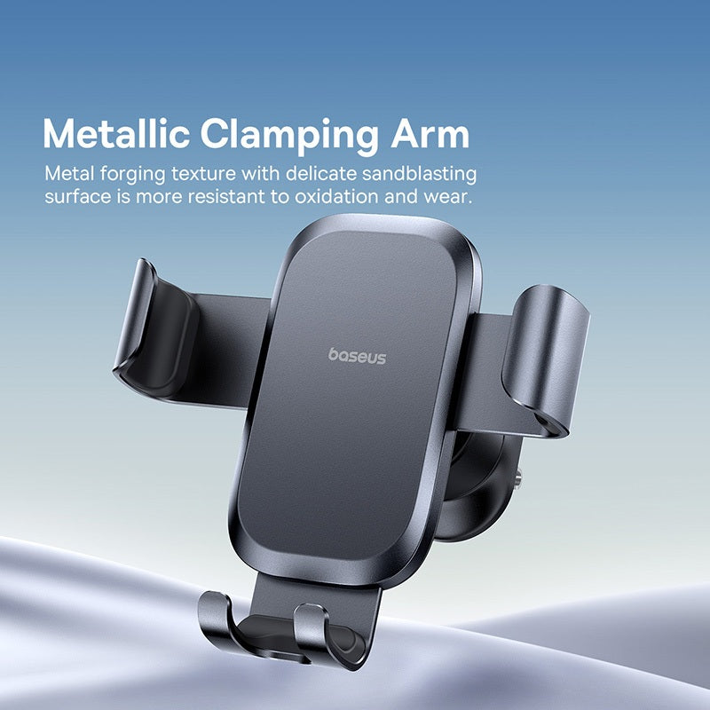Baseus metallic clamping arm phone holder on a gradient blue background