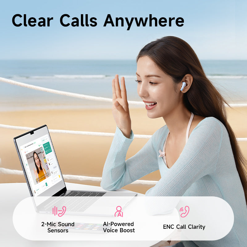 Woman using a laptop with earbuds, sitting by a window with 'Clear Calls Anywhere' text.