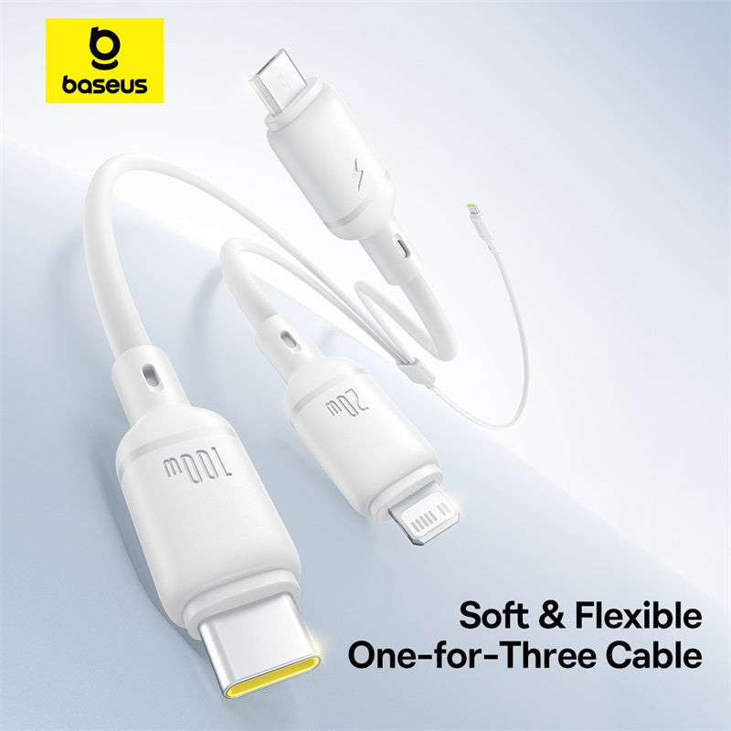 Baseus white one-for-three USB-C cable with a flexible connector, shown with its three connection types (USB-C, Lightning, and iPad-style connector) on a light blue gradient background.