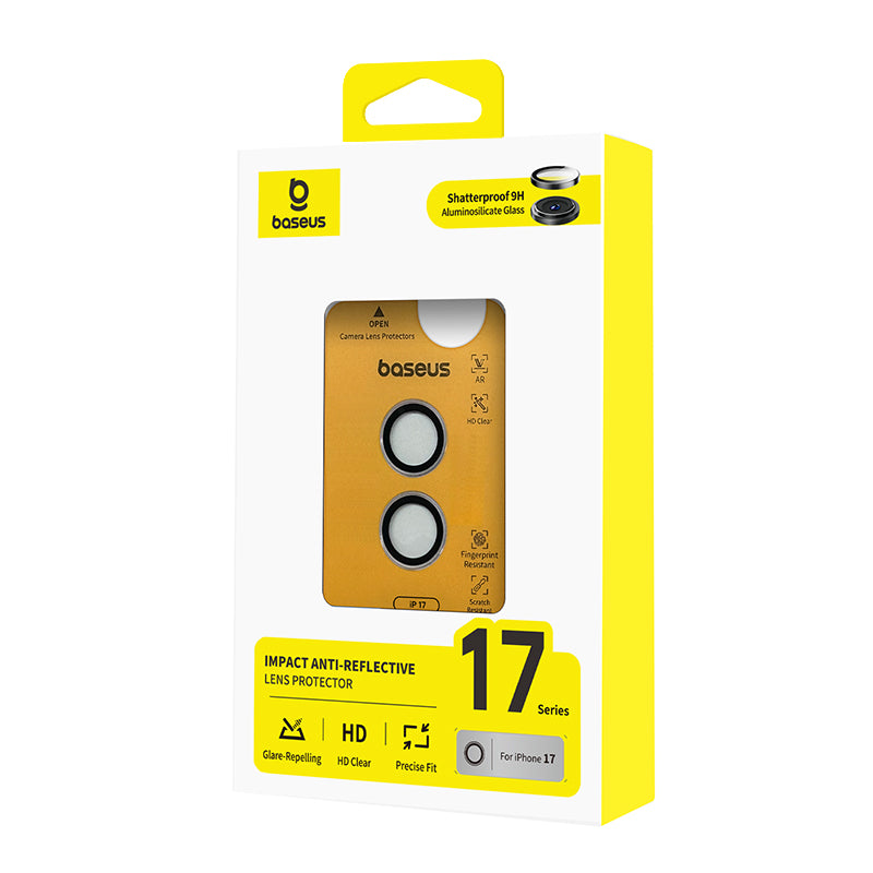 Baseus 17 Series impact anti-reflective lens protector in its original retail packaging, featuring a white and bright yellow box with a clear window showing the gold-colored lens protector inside.