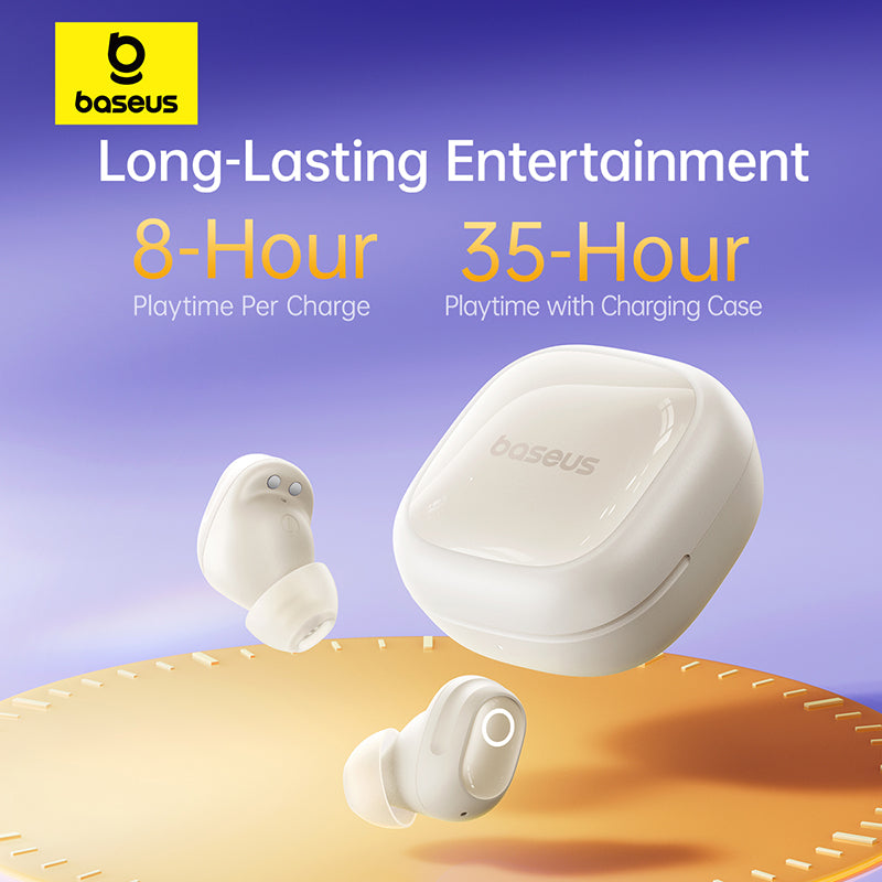 Baseus white true wireless earbuds and charging case floating on a purple-to-orange gradient background with promotional text reading 'Long-Lasting Entertainment', '8-Hour Playtime Per Charge', and '35-Hour Playtime with Charging Case'.