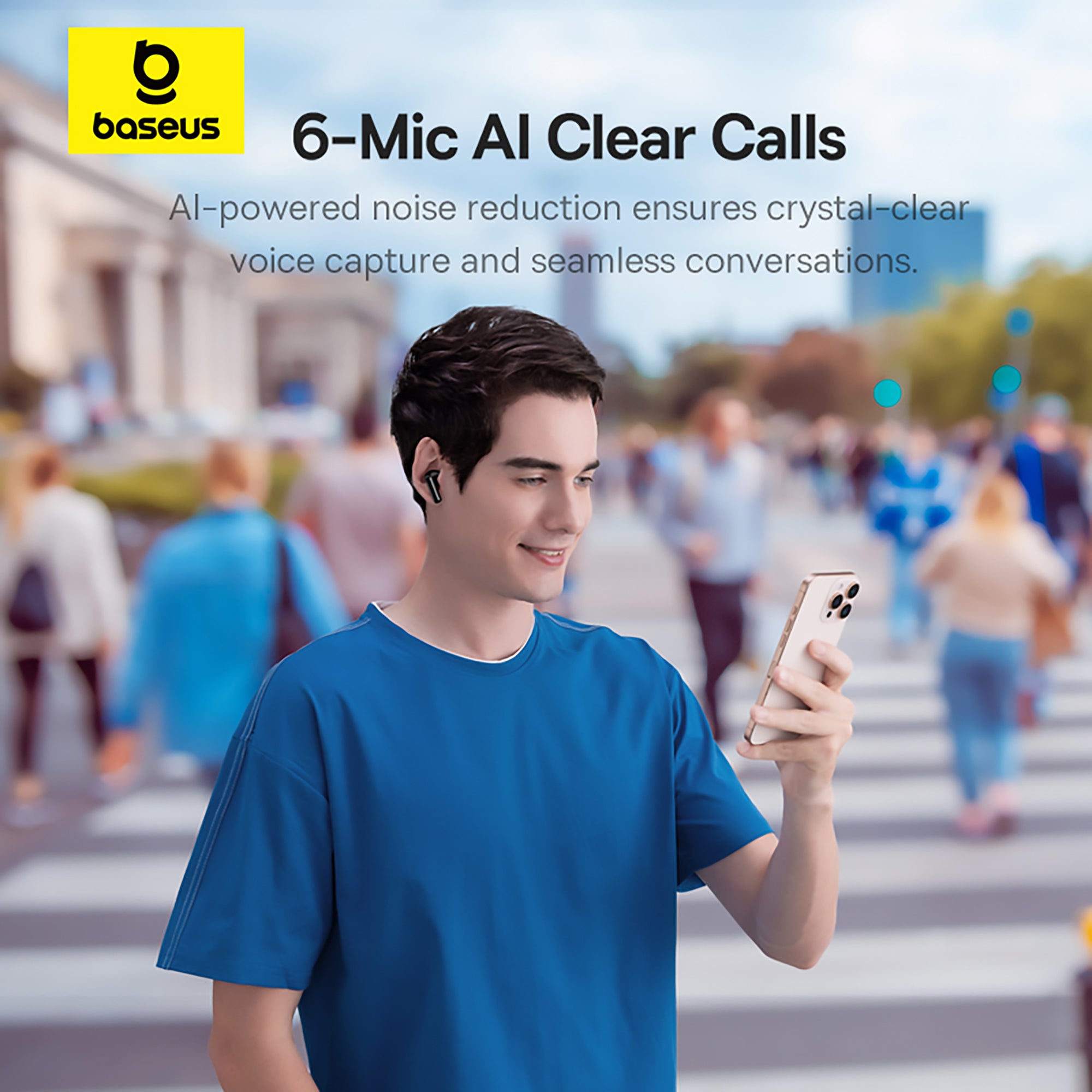 Person using a smartphone with earbud, baseus 6-Mic AI Clear Calls advertisement in the background