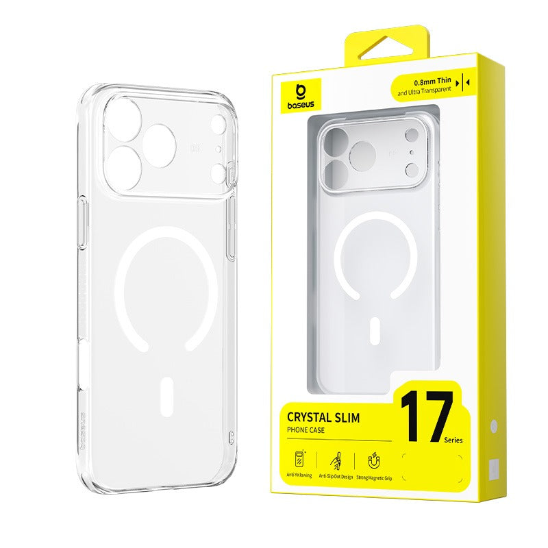 Clear phone case with yellow packaging labeled 'Crystal Slim' on a white background