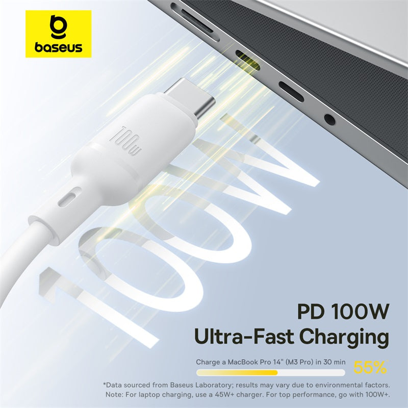 Baseus 100W USB-C charging cable shown plugged into a laptop with promotional text reading 'PD 100W Ultra-Fast Charging' and 'Charge a MacBook Pro 14" in 30 min 55%'.