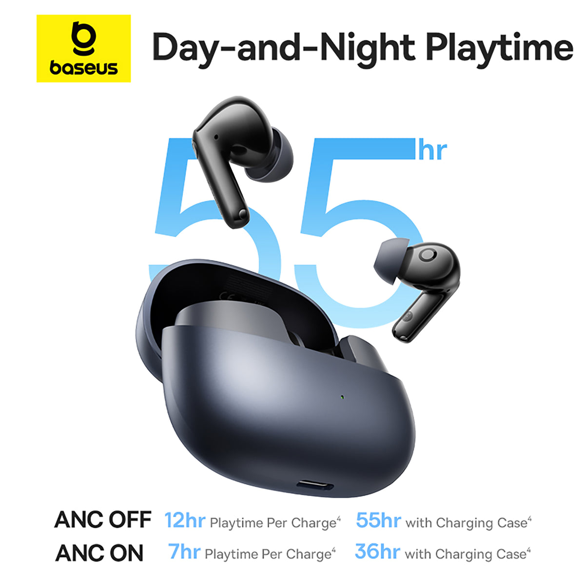 Baseus wireless earbuds with charging case on a white background, highlighting playtime duration.